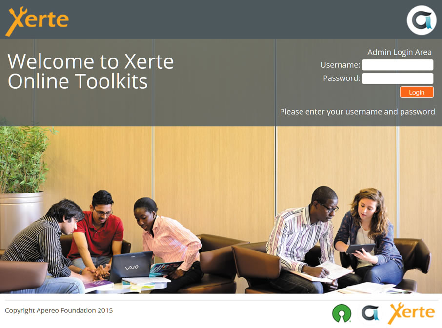 Xerte Online Toolkits admin login screen